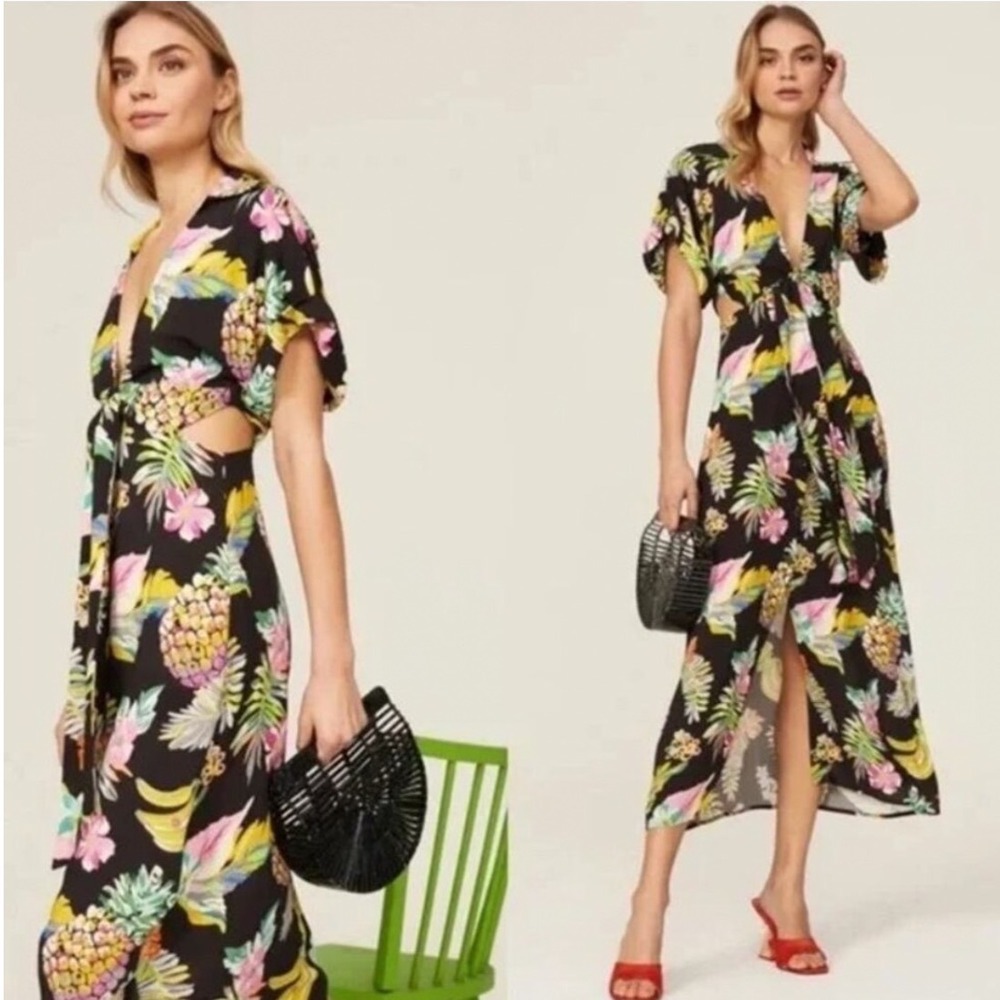 Le Superbe Mai Tai Might Floral Shirtdress Tropical Pineapple Cutout Maxi Dress